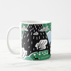 Scandinavian houses, trees, mountains illustration coffee mug