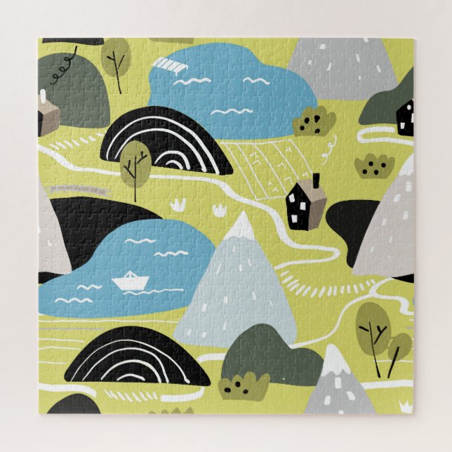 Scandinavian houses, trees, mountains pattern. jigsaw puzzle (Vertical)