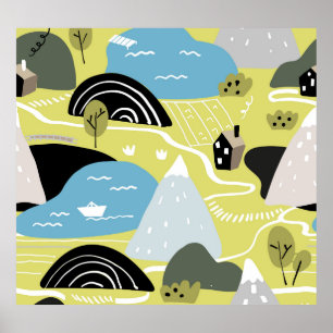 Scandinavian houses, trees, mountains pattern. poster