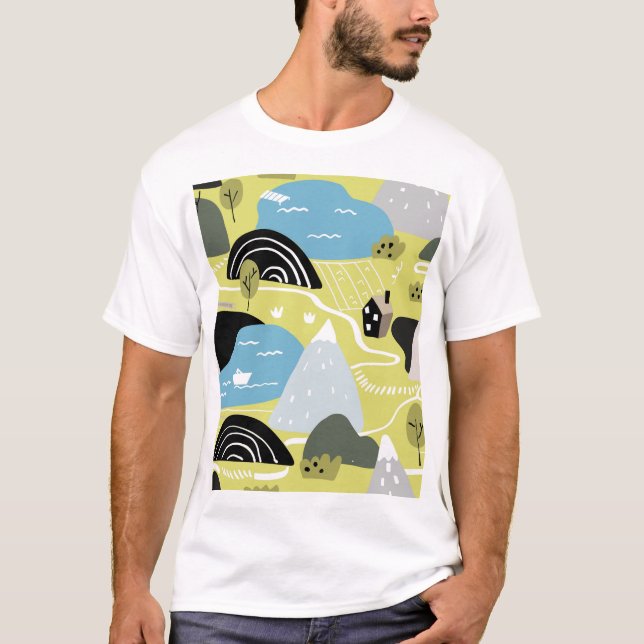 Scandinavian houses, trees, mountains pattern. T-Shirt (Front)