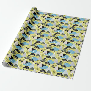 Scandinavian houses, trees, mountains pattern. wrapping paper