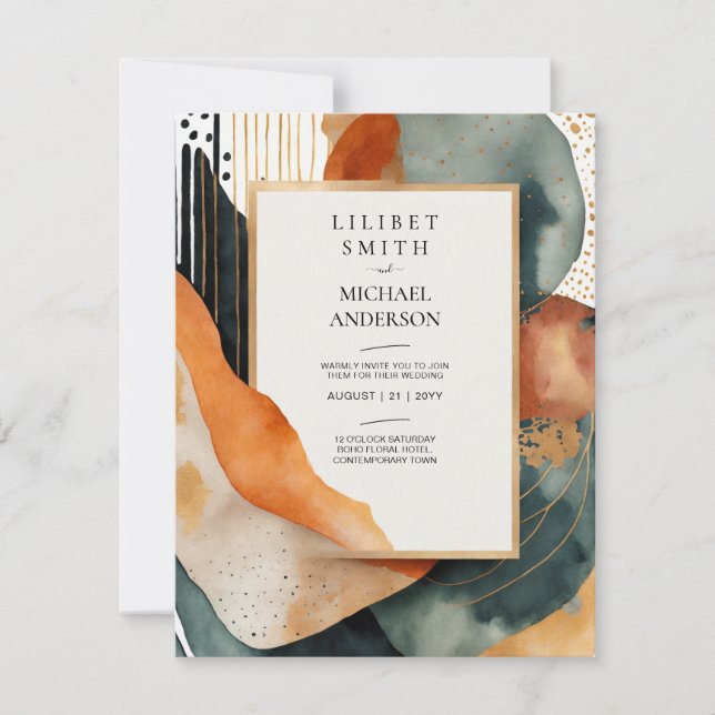 Scandinavian Japandi Wedding Abstract Green Teal Invitation (Front)