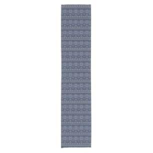 Scandinavian knitted white and blue ornament short table runner
