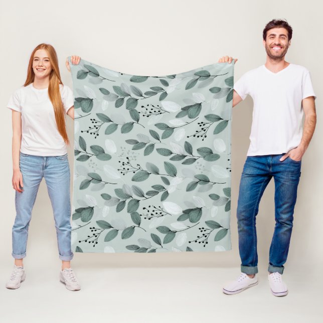Scandinavian Light Green Leaf Sage Floral Pattern Fleece Blanket (In Situ)
