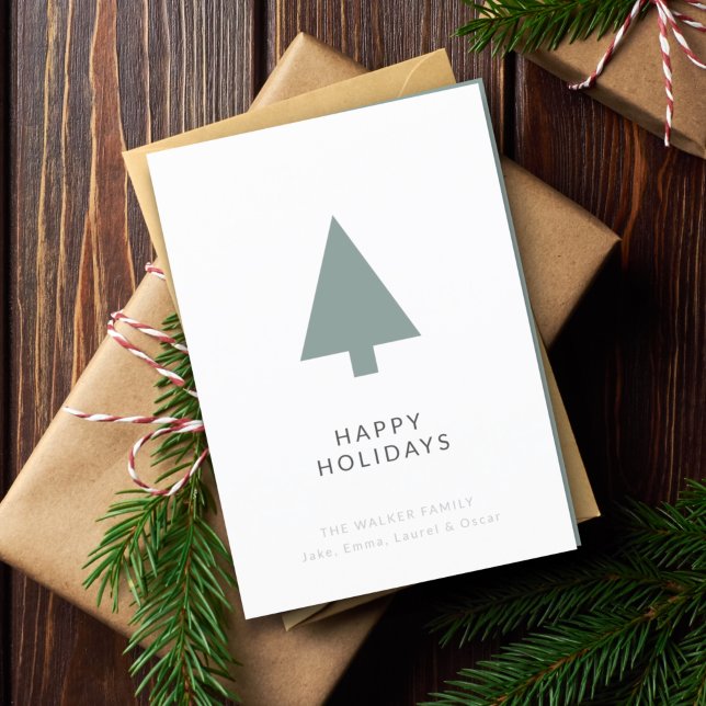 Scandinavian Minimal | Modern Green Christmas Tree Holiday Card (Personalize your folded Christmas card for minimal Scandi-inspired charm)