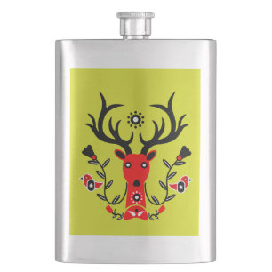 Scandinavian Nature Deer Head Art T-Shirt Throw Pi Hip Flask