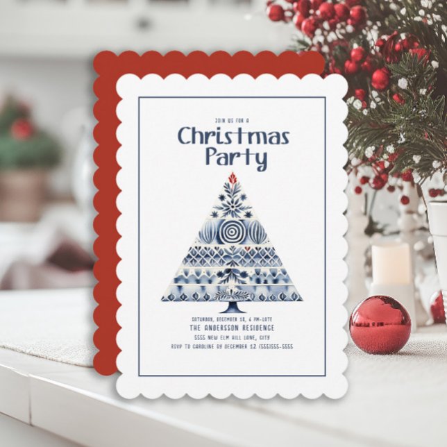 Scandinavian Nordic Blue Christmas Tree Party Invitation (Scandinavian tree Christmas party invitation)