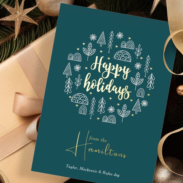 Scandinavian Nordic Happy Holidays Personalised (Scandinavian Nordic Happy Holidays Personalized Foil Holiday Card by Ricaso green, white, REAL foil
)