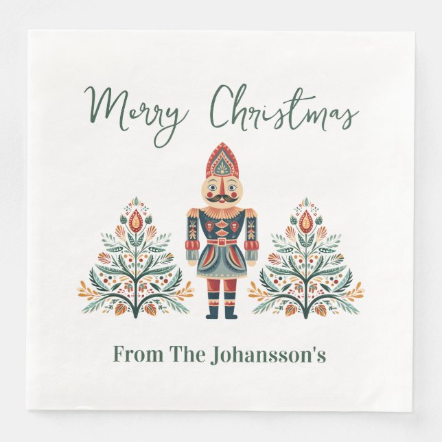 Scandinavian Nutcracker Custom Name Christmas Napkin (Front)