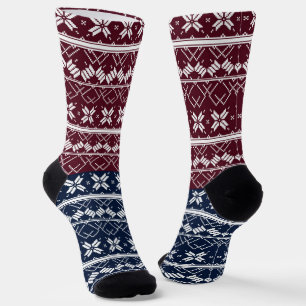 Scandinavian ornament on a blue, burgundy socks
