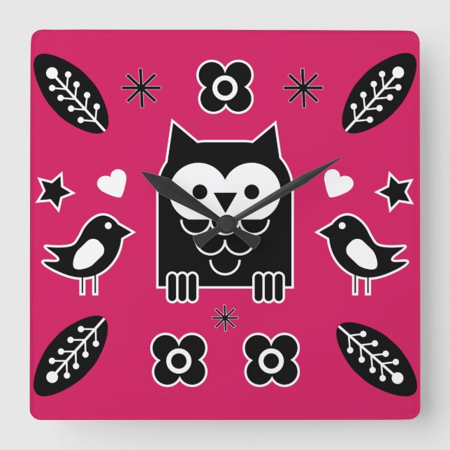 Scandinavian Owl Folk Art Gift Square Wall Clock (Front)