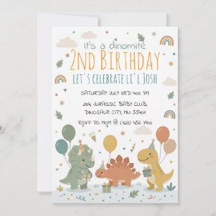 Scandinavian Pastel Dinosaur 2nd Birthday Party Invitation