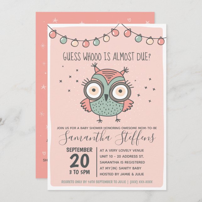 Scandinavian Pink Whoo is Due Owl Baby Shower Invitation (Front/Back)