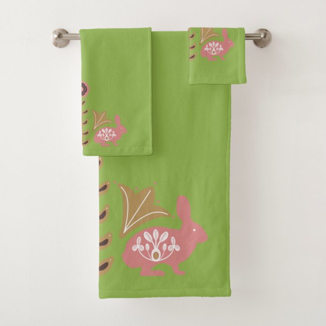 Scandinavian Rabbit Pattern Lime Pink Bath Towel Set (Insitu)
