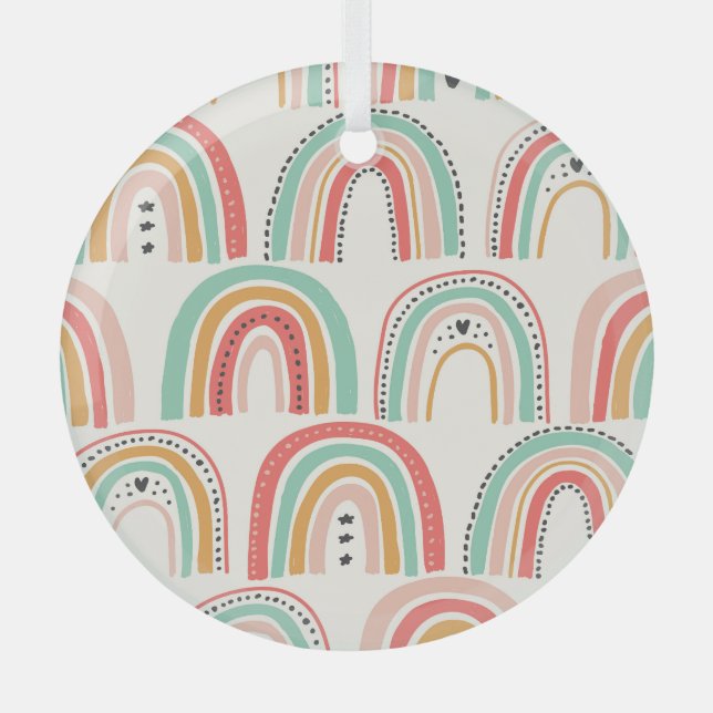 Scandinavian Rainbows: Naive Art Pattern. Glass Tree Decoration (Front)