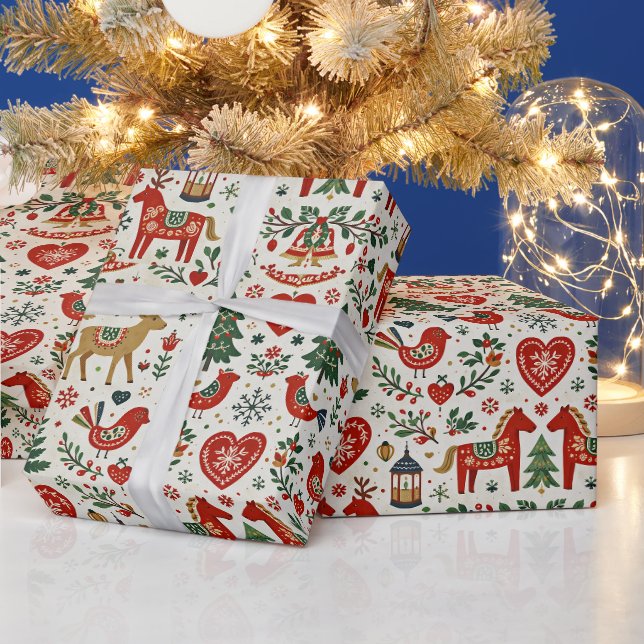 Scandinavian Red and Green Folk Christmas Pattern Wrapping Paper (Holidays)