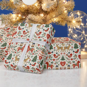 Scandinavian Red and Green Folk Christmas Pattern Wrapping Paper