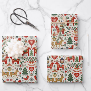 Scandinavian Red and Green Folk Christmas Pattern Wrapping Paper Sheet
