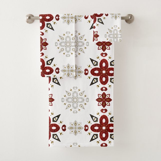 Scandinavian Red Blue Gold Nordic Graphic Bath Towel Set (Insitu)