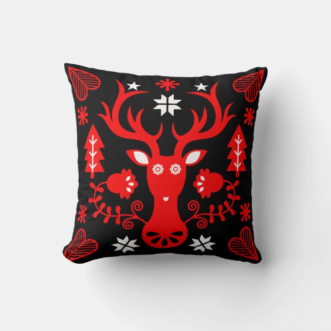 Scandinavian Red Christmas Deer Cushion (Front)