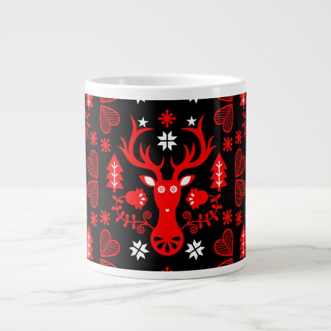 Scandinavian Red Christmas Deer Large Coffee Mug (Front)