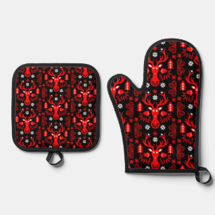 Scandinavian Red Christmas Deer Oven Mitt & Pot Holder Set