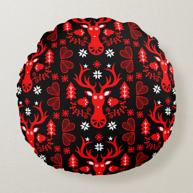 Scandinavian Red Christmas Deer Round Cushion (Front)
