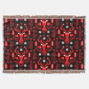 Scandinavian Red Christmas Deer Throw Blanket