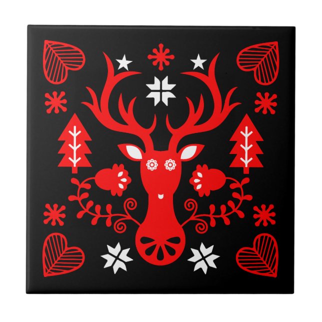 Scandinavian Red Christmas Deer Tile (Front)