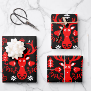 Scandinavian Red Christmas Deer Wrapping Paper Sheet