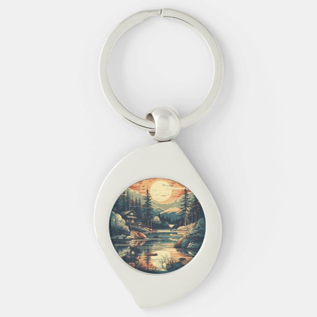 Scandinavian Retro Art mountain home Key Ring (Front)