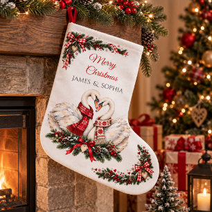 Scandinavian Romantic Christmas Swan Couple Large Christmas Stocking