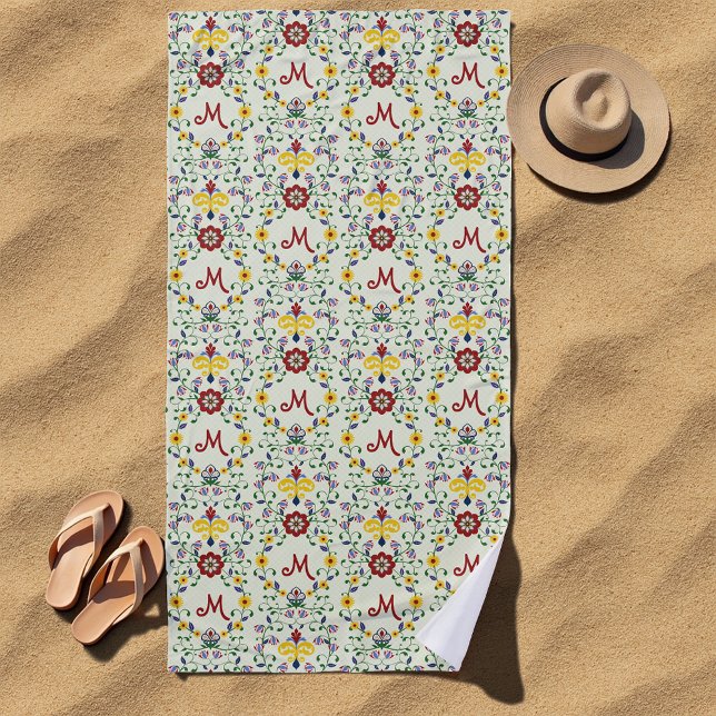Scandinavian Rosemaling Monogram Pattern Nordic Beach Towel (Creator Uploaded)