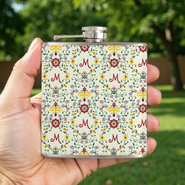 Scandinavian Rosemaling Monogram Pattern Nordic Hip Flask (Creator Uploaded)