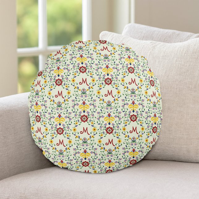 Scandinavian Rosemaling Monogram Pattern Nordic Round Cushion (Creator Uploaded)