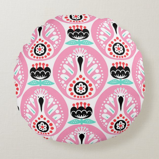 Scandinavian seamless folk art pattern with cute b round cushion (Front)