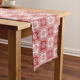 Scandinavian Snowflakes Checkers, Red, White Xmas Long Table Runner