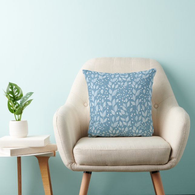 Scandinavian Soft Blue Leaf White Floral Pattern Cushion (Chair)