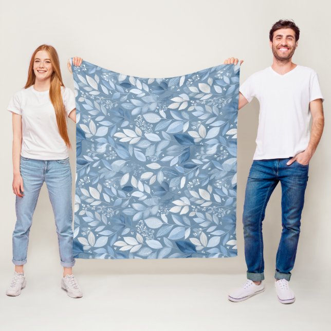 Scandinavian Soft Blue Leaf White Floral Pattern Fleece Blanket (In Situ)