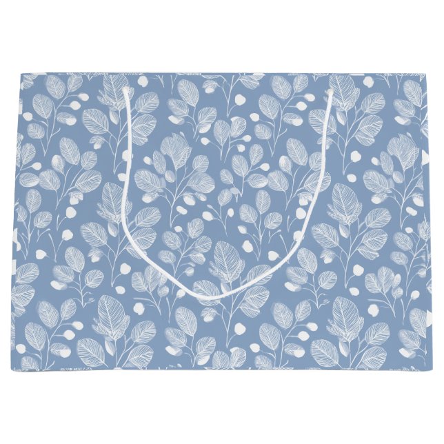 Scandinavian Soft Blue Leaf White Floral Pattern Large Gift Bag (Front)