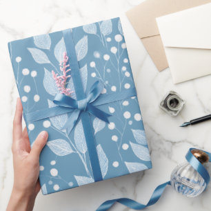 Scandinavian Soft Blue Leaf White Floral Pattern Wrapping Paper