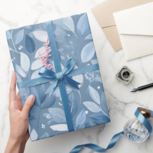 Scandinavian Soft Blue Leaf White Floral Pattern Wrapping Paper