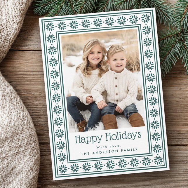 Scandinavian stars green border Happy Holidays Holiday Card (Scandinavian stars green border Happy Holidays Holiday Card)