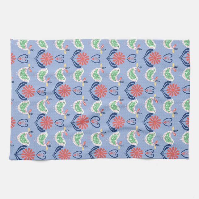 Scandinavian Style Art Kitchen Towel Birds on Blue (Horizontal)