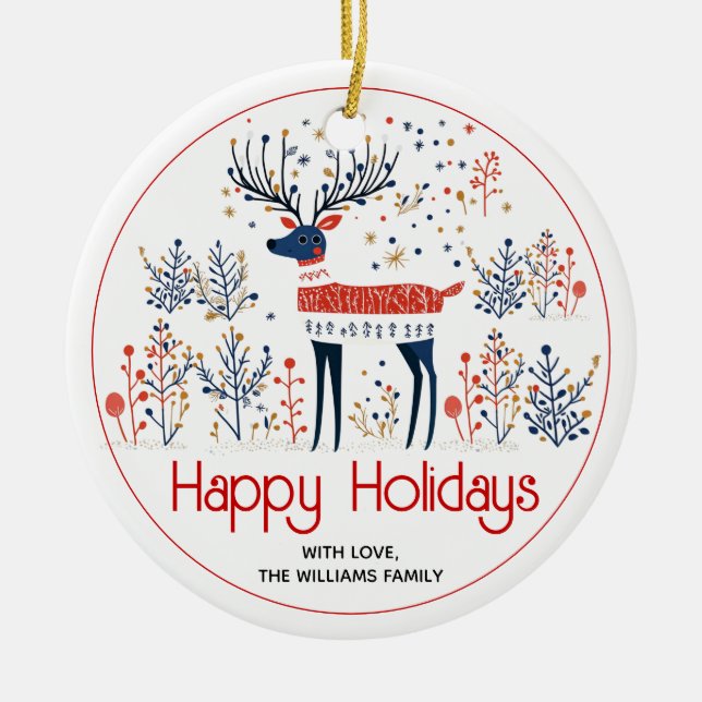 Scandinavian style deer, photo Christmas holiday Ceramic Tree Decoration (Front)