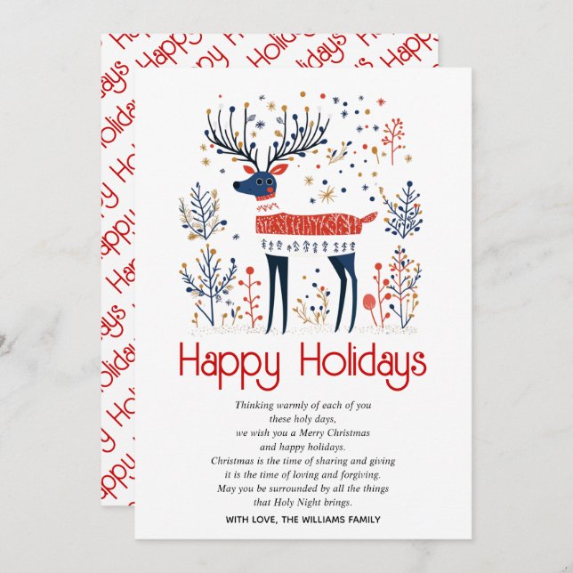 Scandinavian style deer red blue Christmas  Holiday Card (Front/Back)