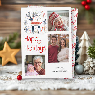 Scandinavian style deer red blue photo Christmas Holiday Card