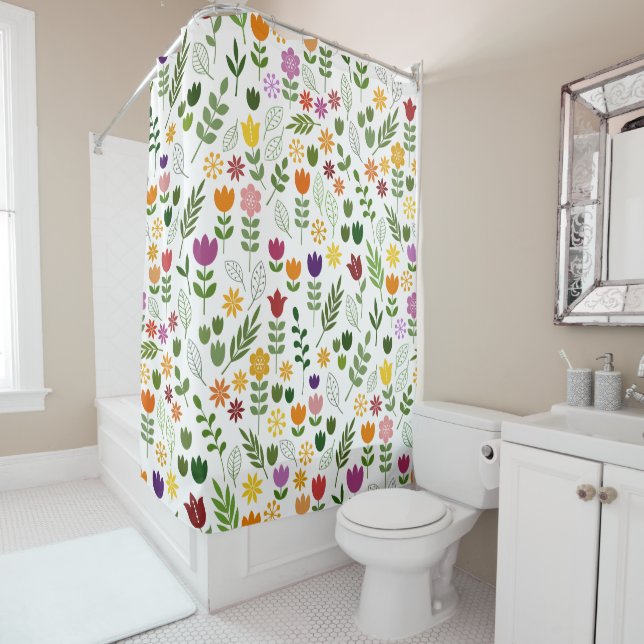 Scandinavian Style Flora & Fauna Pattern Shower Curtain (In Situ)