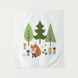 Scandinavian Style Fox Flowers Trees and Text Tapestry