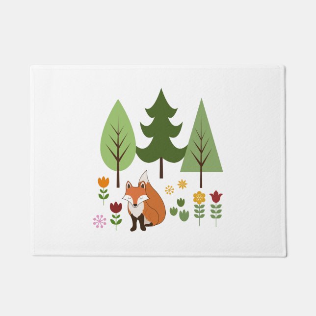 Scandinavian Style Fox Flowers Trees Illustration Doormat (Front)